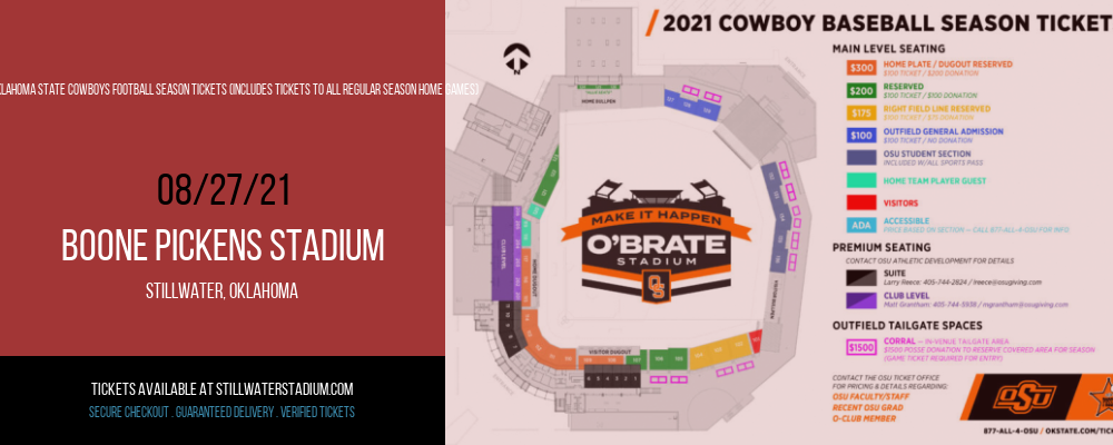 2021 Oklahoma State Cowboys Football Season Tickets (Includes Tickets To All Regular Season Home Games) at Boone Pickens Stadium tickets 2021 Oklahoma State Cowboys Football Season Tickets (Includes Tickets To All Regular Season Home Games) at Boone Pickens Stadium